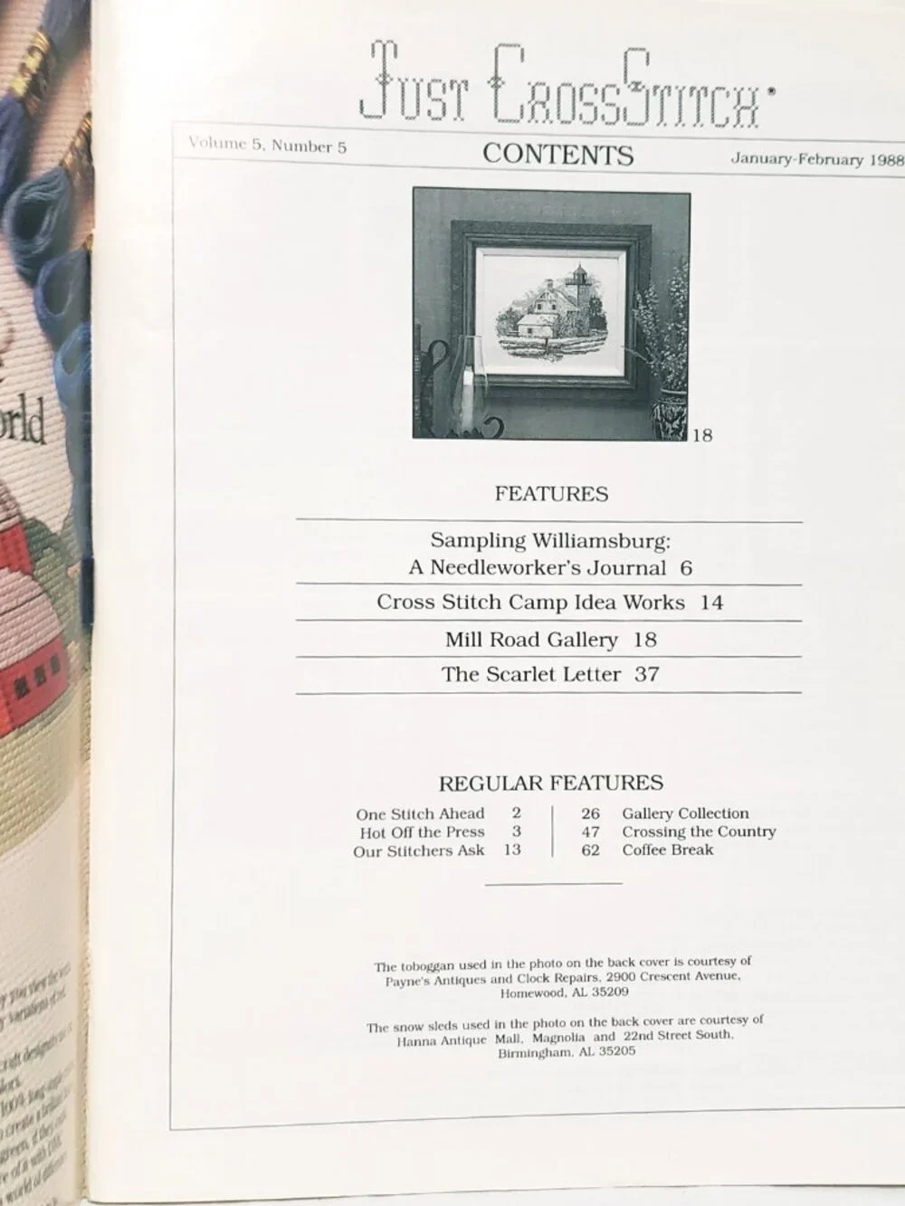 Just CrossStitch Magazine Jan Feb 1988 Kissing Fish Scarlet Letter Eagle Bluff